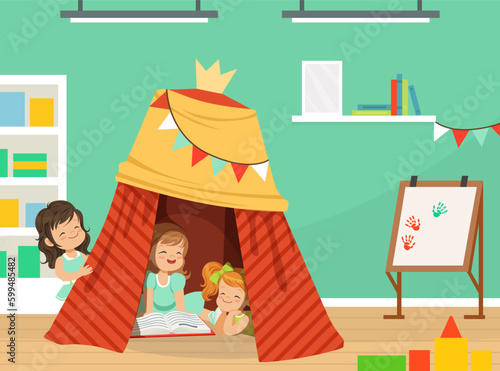 Cute Girl Playing and Reading Book Sitting in Tent Having Fun Vector Illustration