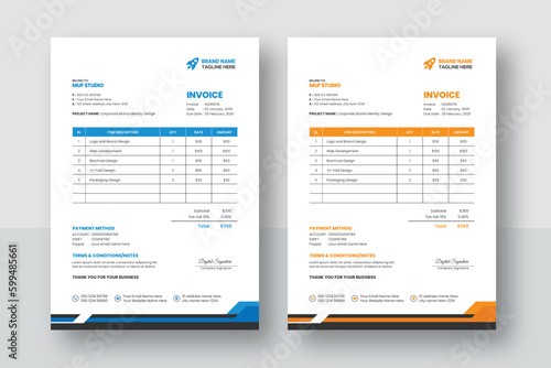 Business corporate creative invoice template. Business invoice for your business, print ready invoice template. minimal yellow and blue  invoice template vector design