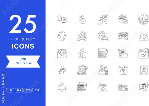 Vector set of Job Interview icons. The collection comprises 25 vector icons for mobile applications and websites.