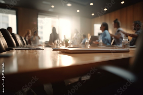 Business concept. Business meeting in boardroom. Blurred people on background. Team meeting in office near table. Generative AI