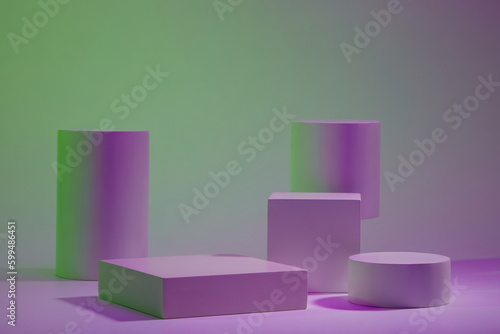 Abstract minimal art scene - empty stage and geometric podiums decorated on gradient background. Empty space for display product. Copy space