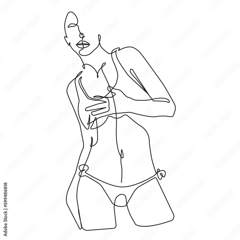 Abstract Woman Body Line Art Drawing. Female Figure Black Lines Drawing