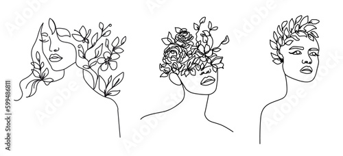 Woman Portrait with Flowers Line Art Drawing Set. Floral Beauty Female Face Minimalistic Lines Drawing. Woman Beauty Continuous Line Abstract Drawing for Modern Trendy Design. Vector Illustration.