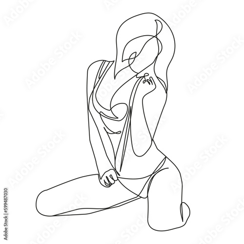 Trendy Line Art Woman Body. Minimalistic Black Lines Drawing. Female Figure Continuous One Line Abstract Drawing. Modern Scandinavian Design. Naked Body Art. Vector Illustration. 