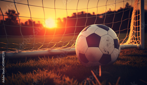 soccer ball on the field with moveable goalposts laying down. Sunset. Generative AI