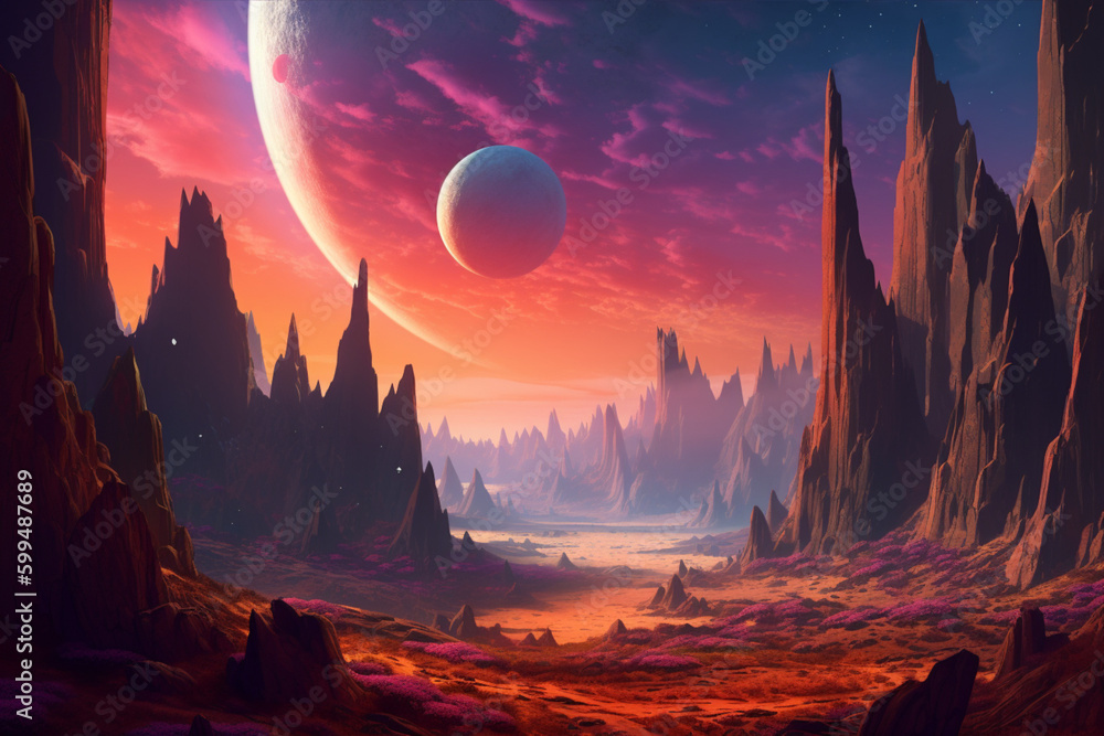 Background : An illustration of an alien planet with unique landforms and an exotic atmosphere