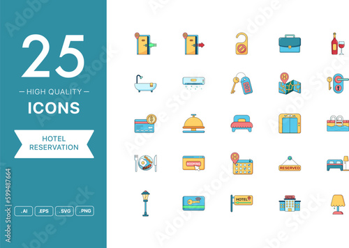 Vector set of Hotel Reservation icons. The collection comprises 25 vector icons for mobile applications and websites.