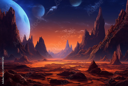 Background : An illustration of an alien planet with unique landforms and an exotic atmosphere