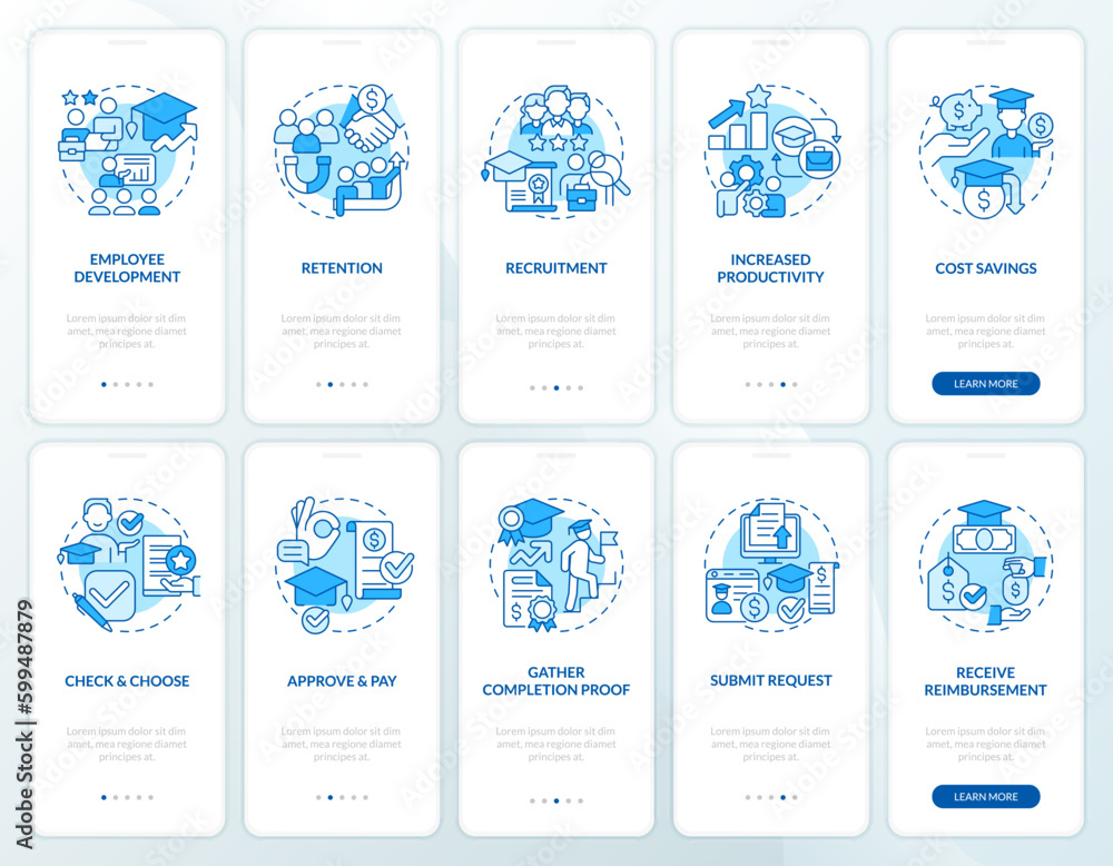 Tuition assistance blue onboarding mobile app screen set. Walkthrough 5 steps editable graphic instructions with linear concepts. UI, UX, GUI template. Myriad Pro-Bold, Regular fonts used