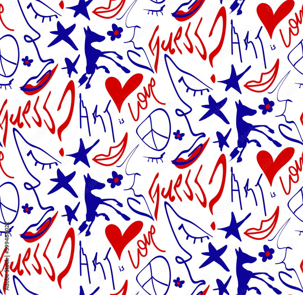 Obraz premium Abstract Hand Drawing Melting Faces Hearts Stars Horses Lips Flowers Love Art and Guess Writing Seamless Graffiti Vector Pattern Isolated Background