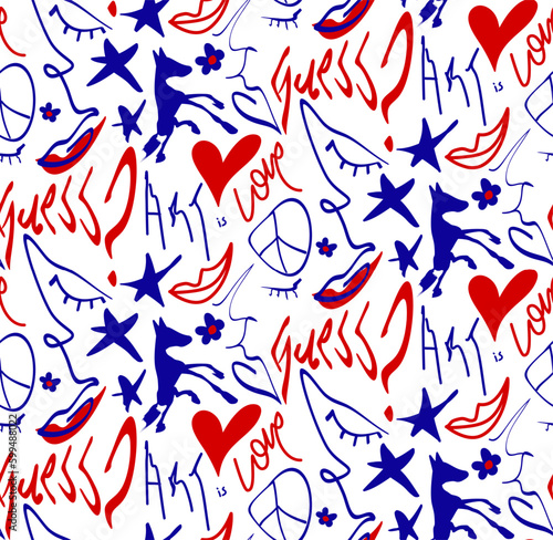 Abstract Hand Drawing Melting Faces Hearts Stars Horses Lips Flowers Love Art and Guess Writing Seamless Graffiti Vector Pattern Isolated Background
