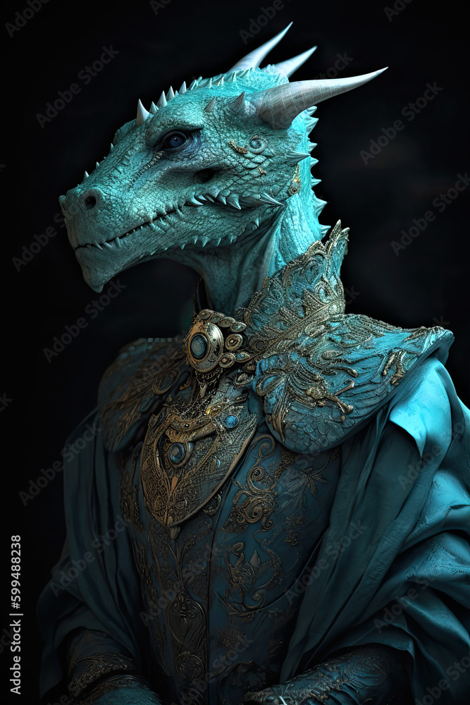 Dragon wearing turquoise green costume. Generative AI image. 