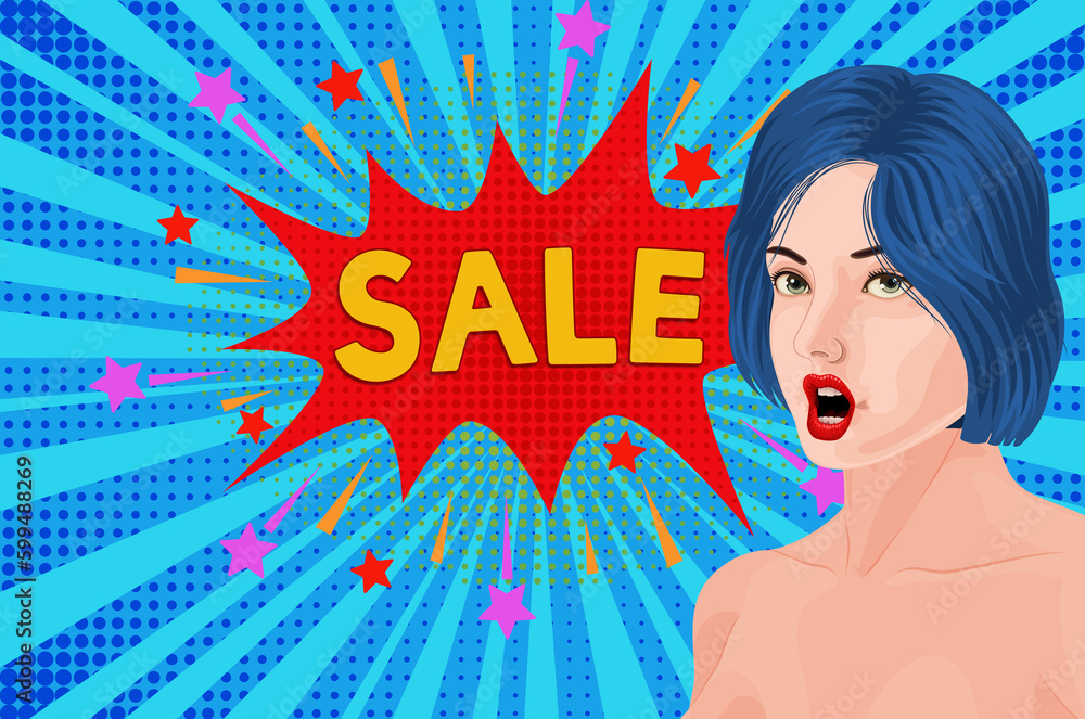 Speech bubble and surprised woman illustration pop art sale blue bg