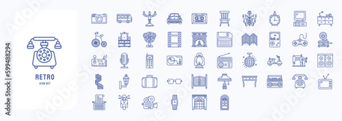 A collection sheet of outline icons for Retro style 80c objects, including icons like Camara, Camper van, Car, Clock and more