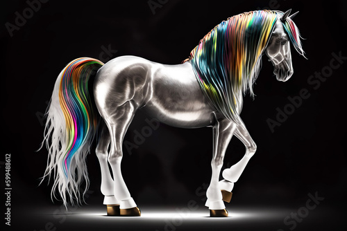 A white unicorn with rainbow hair is standing on a black background.  generative AI