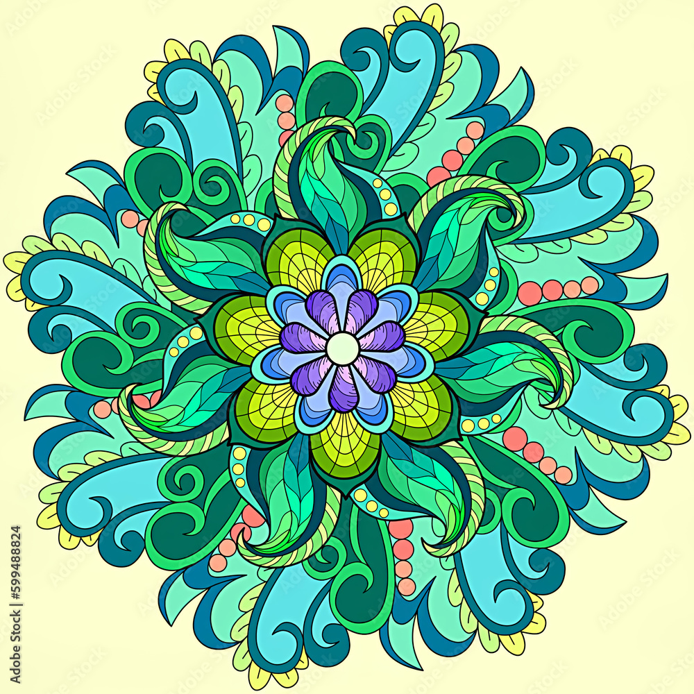 mandala in the shape of a flower with a mix of colors, green, yellow, blue and purple 