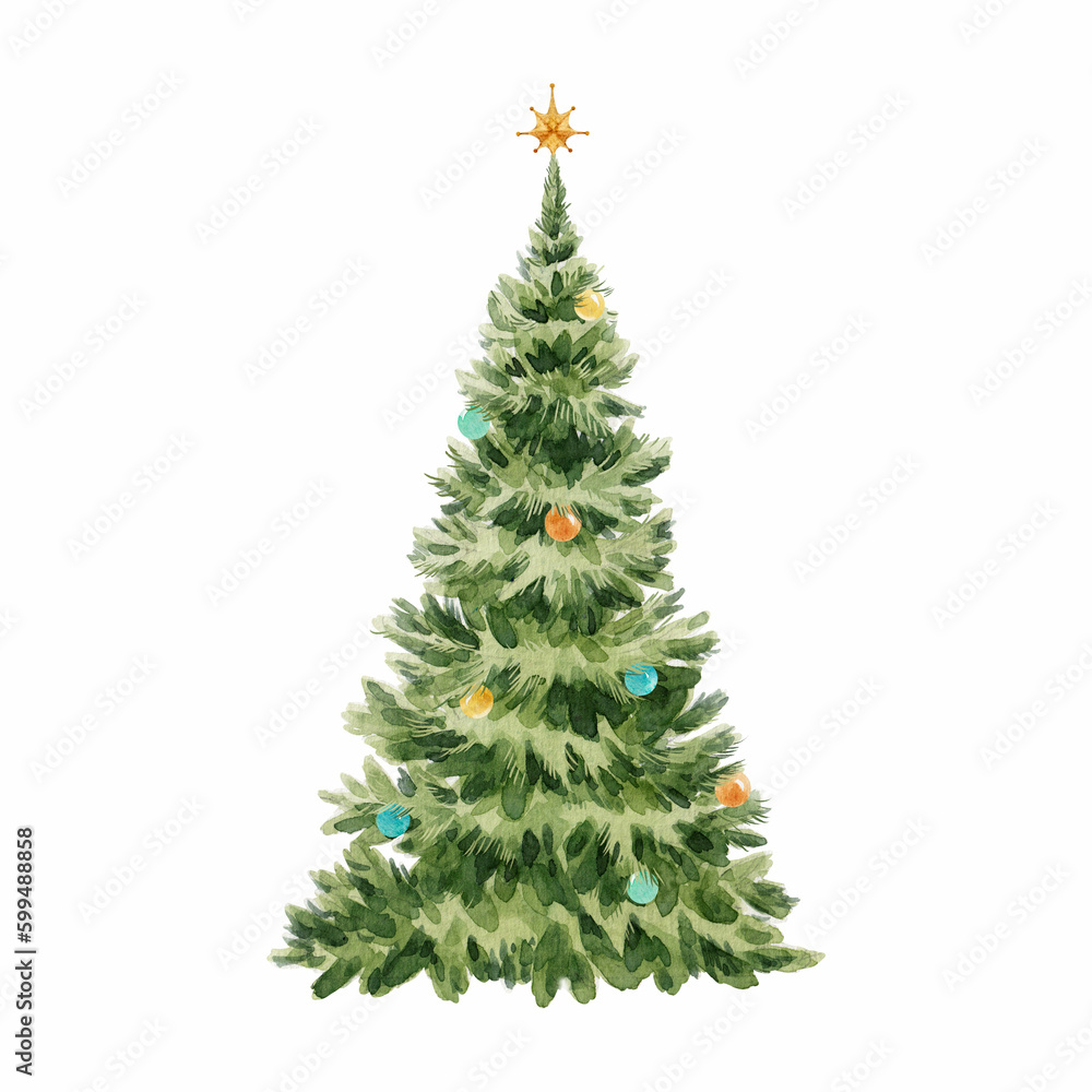 Fototapeta premium Beautiful happy new year watercolor hand drawn illustration with christmas tree. Stock clip art illustration.