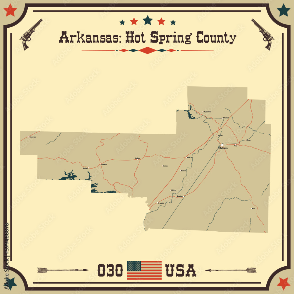Large and accurate map of Hot Spring County, Arkansas, USA with vintage