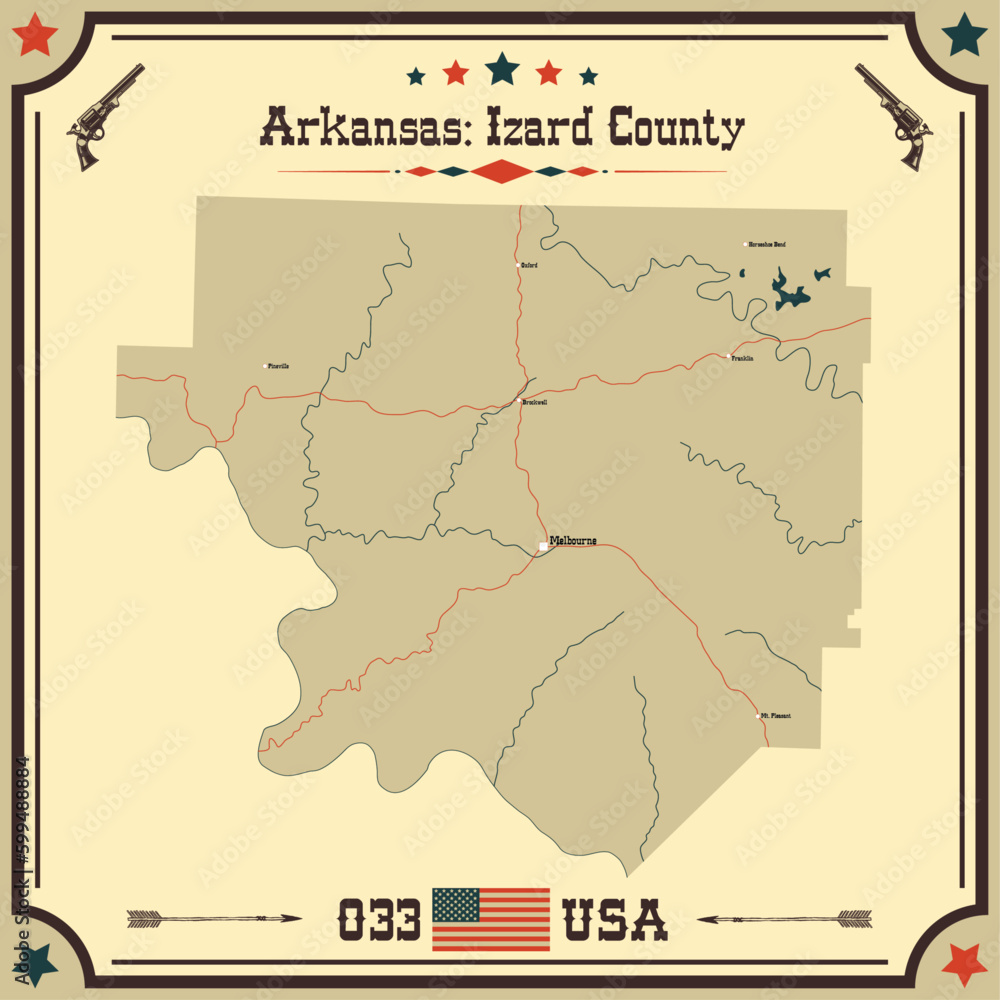 Large and accurate map of Izard County, Arkansas, USA with vintage colors.