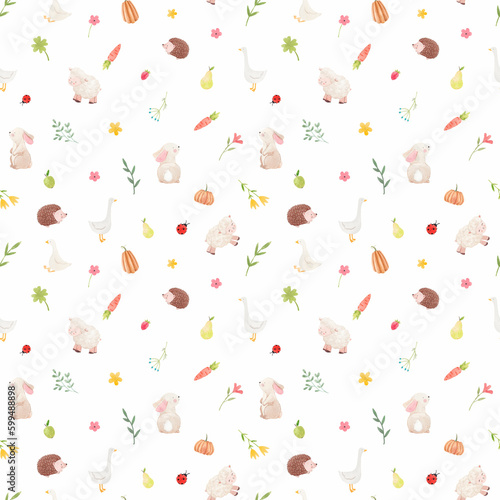 Beautiful children's seamless pattern with hand drawn watercolor cute animals flowers and veggies. Stock illustration.