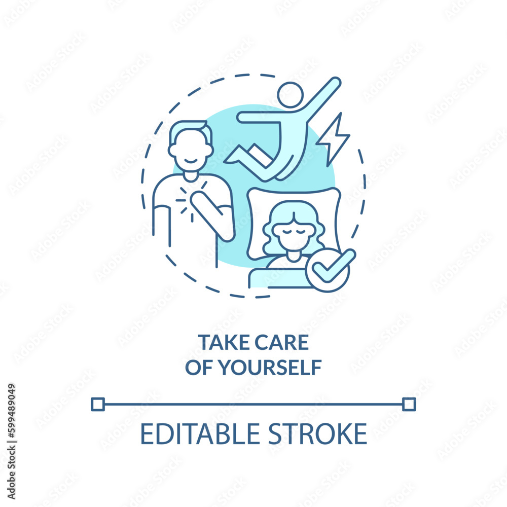 Take care of yourself turquoise concept icon. Healthy lifestyle. Time for you. Treat yourself. Mental health abstract idea thin line illustration. Isolated outline drawing. Editable stroke Take care of yourself turquoise concept icon. Healthy lifestyle. Time for you. Treat yourself. Mental health abstract idea thin line illustration. Isolated outline drawing. Editable stroke