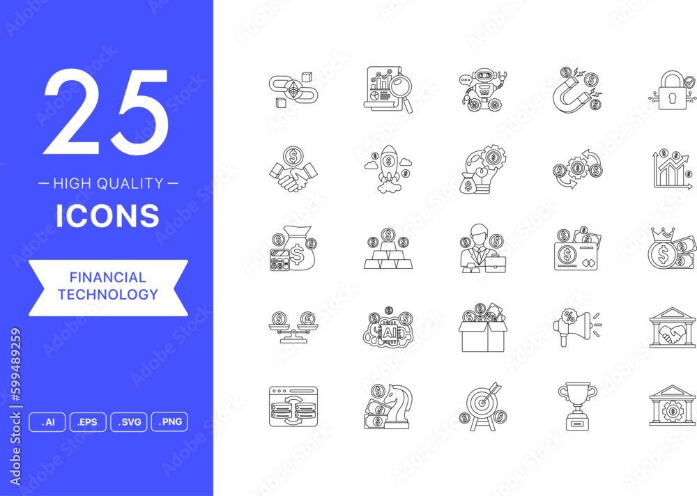 Vector set of Financial Technology icons. The collection comprises 25 vector icons for mobile applications and websites.