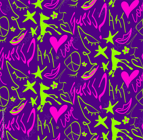 Abstract Hand Drawing Melting Faces Hearts Stars Horses Lips Flowers Love Art and Guess Writing Seamless Graffiti Vector Pattern Isolated Background © Didem