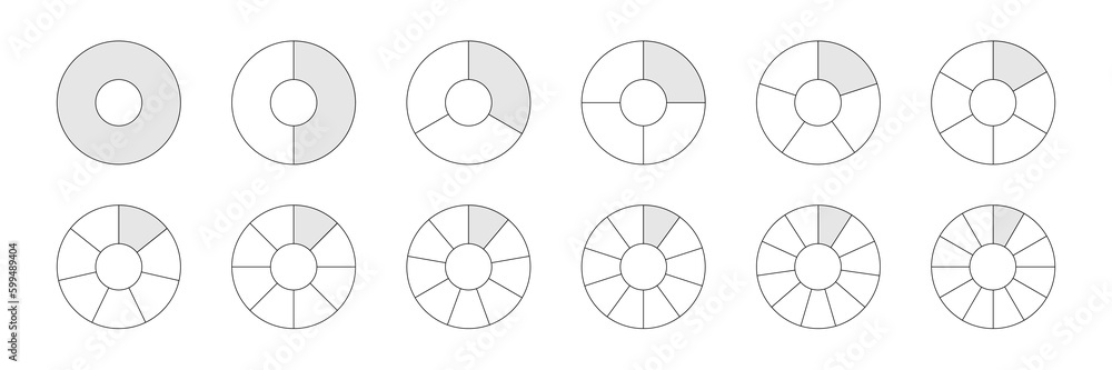 Toruses with sections set vector illustration. Abstract black line pie charts with divisions, graphic diagram collection with round geometric elements divide into parts and slices from 1 to 12 - obrazy, fototapety, plakaty 