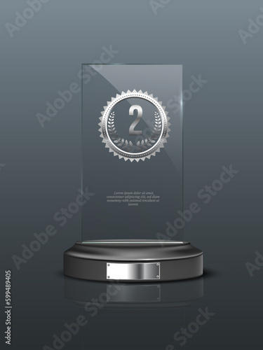 Glass second place award realistic vector illustration. Crystal prize with blank silver medal 3D isolated clipart on gray background. Competition reward. Trophy design element