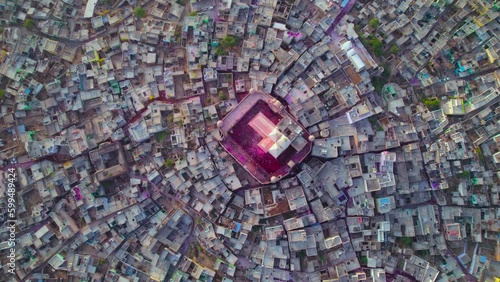 Aerial view of Holi festival celebration near Shri Nand Baba Temple, Nandgaon, Uttar Pradesh, India.