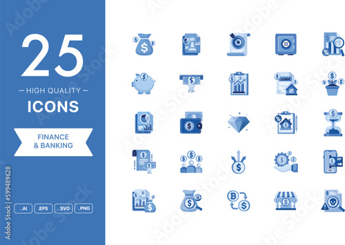 Vector set of Finance icons. The collection comprises 25 vector icons for mobile applications and websites. © freeslab