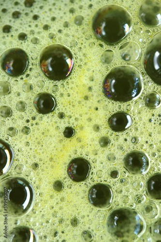 Closeup of Frothy Surface of Whished Hot Japanese Matcha Green Tea