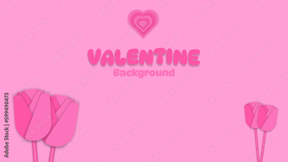 valentine pink background with rose and heart in paper cut style