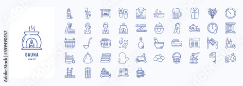 A collection sheet of outline icons for Sauna and spa, including icons like Bamboo, Bath Bench, Bathrobe, Bathtub and more
