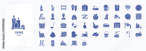 A collection sheet of solid icons for Sauna and spa, including icons like Bamboo, Bath Bench, Bathrobe, Bathtub and more