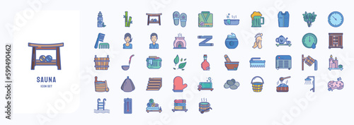 A collection sheet of linear color icons for Sauna and spa, including icons like Bamboo, Bath Bench, Bathrobe, Bathtub and more