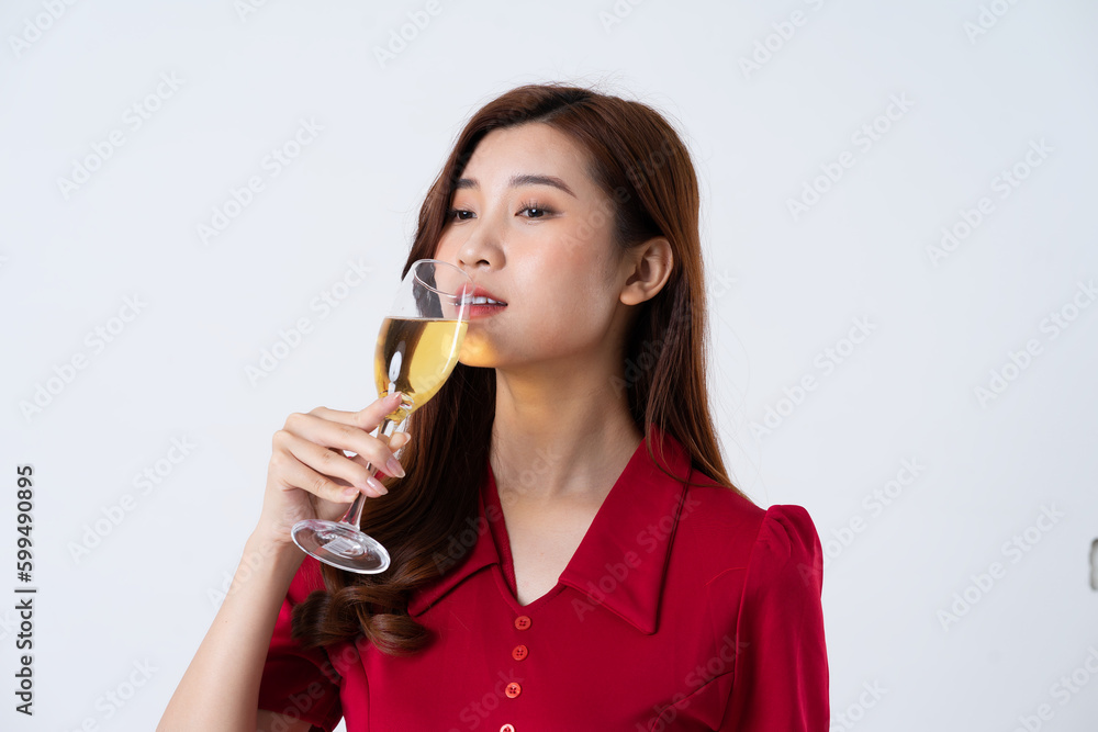 Portrait of a beautiful, charming lady wearing a red dress on a white background Portrait of a beautiful, charming lady wearing a red dress on a white background