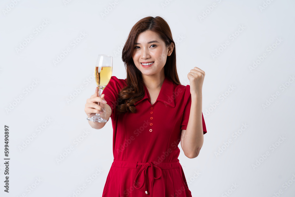 Portrait of a beautiful, charming lady wearing a red dress on a white background Portrait of a beautiful, charming lady wearing a red dress on a white background