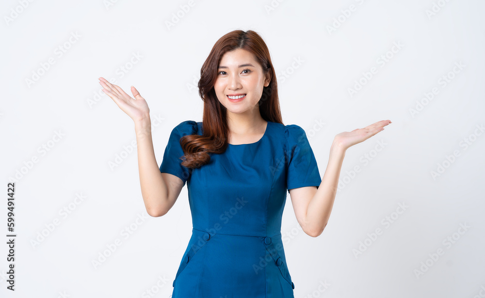 Asian girl portrait in blue dress on white background Asian girl portrait in blue dress on white background