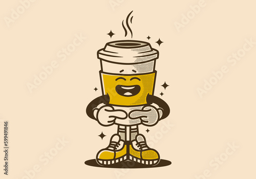 Vintage mascot character of a paper cup of coffee with shy expression
