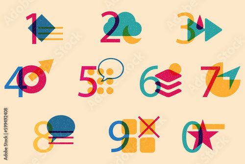 Set of numbers and geometric shapes. Colorful cute screen printing effect. Riso print effect. Vector. Graphic element  for fabric, textile, clothing, wrapping paper, wallpaper, poster, logo. 