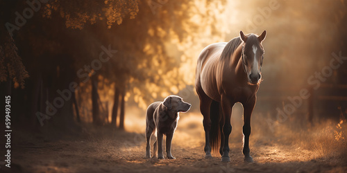 Cute friendship of dog and horse on a rancho.Pets friendship concept. Generative ai. © Inai