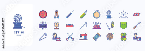 A collection sheet of linear color icons for Sewing, including icons like Button, Cloths pin, Crochet, Embroidery hoop and more