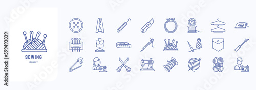 A collection sheet of outline icons for Sewing, including icons like Button, Cloths pin, Crochet, Embroidery hoop and more