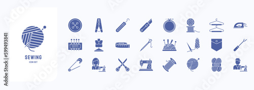 A collection sheet of solid icons for Sewing, including icons like Button, Cloths pin, Crochet, Embroidery hoop and more