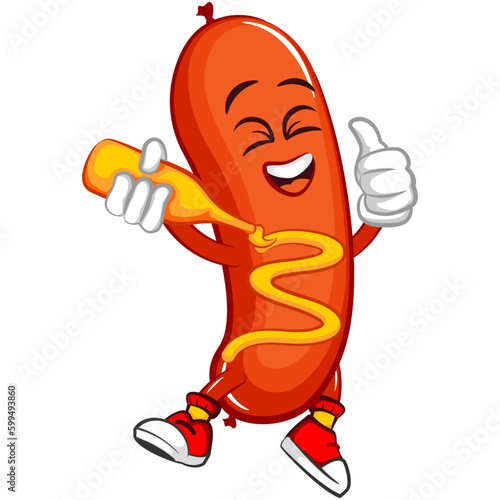 vector mascot character illustration of a sausage giving it self mustard