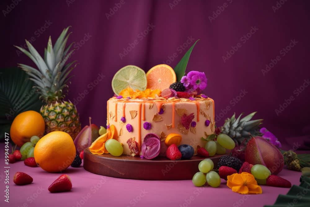 Fruits cake with many diffrent tropical fruits. Generative AI Fruits cake with many diffrent tropical fruits. Generative AI