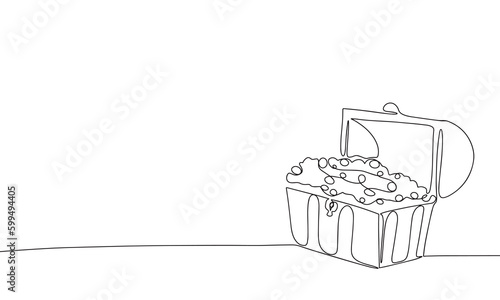 One line continuous treasure chest. Line art open treasure chest with coins isolated. Hand drawn outline vector illustration 