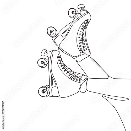 One line continuous roller skates. Line art legs wearing four wheeled rollerblades isolated on white background. Outline vector illustration.