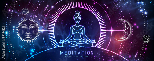 Neon Silhouette of meditating woman. Sun and moon sign with human face on outer space background. Day and nignt. Vector illustration
